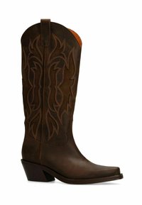 Brown leather cowboy boot with decorative stitching, pointed toe, and angled heel, shown from the side on a white background.