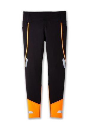 Black athletic leggings with orange accents and reflective detailing, featuring a form-fitting design and smooth texture.