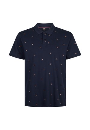 Marineblaues Poloshirt aus Baumwollmischung mit einem Kragen, durchgehend mit kleinen orangefarbenen Blattmustern verziert. Kurze Ärmel und gerader Saum.