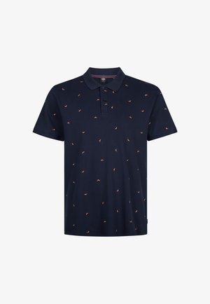 Marineblaues Poloshirt aus Baumwollmischung mit einem Kragen, durchgehend mit kleinen orangefarbenen Blattmustern verziert. Kurze Ärmel und gerader Saum.