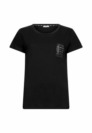 T-shirt noir à manches courtes et col rond avec un petit motif rectangulaire brillant sur la poitrine gauche.