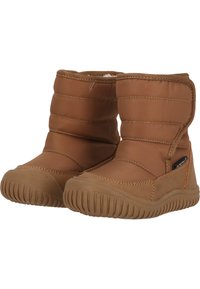 Brune isolerede støvler lavet af slidstærkt stof med quiltet design, gummisåler, struktureret greb og forstærkede syninger langs kanterne.