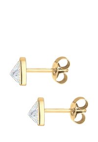 Boucles d'oreilles en métal doré avec des pierres précieuses en taille triangulaire et transparente, serties dans un élégant sertissage. Métal lisse et poli avec un design de fermoir simple.
