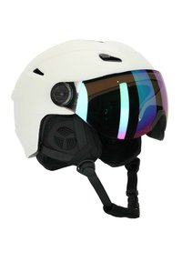 Valkoinen lumikelkkakypärä, jossa on integroitu tummennettu visiiri, säädettävä leuvanauha, pehmustetut korvatyynyt ja ilmanvaihtoventtiilit ilman kierrätystä varten.