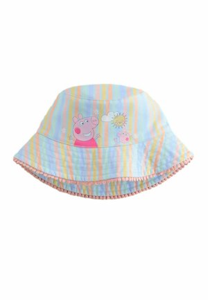 Pălărie tip găleată cu dungi pastelate, cu personaje de porcușori din desene animate, modele cu soare și nori, având ornament cu pompom în jurul borului.