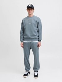 Siva majica z dolgimi rokavi in usklajene športne hlače, obe iz mehke tkanine. Majica ima majhen bel logotip; hlače so opremljene z nastavljivim vrvico.