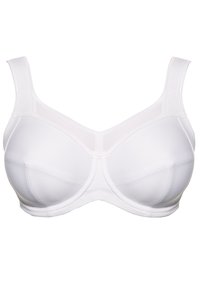 Witte beha van een gladde, rekbare stof, met volledig bedekkende cups, brede schouderbanden en een ademend gaaspaneel in het midden voor comfort.