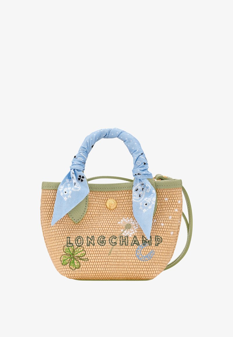 Small woven straw handbag with green trim, blue patterned cloth wrapped handle, embroidered flowers, and "LONGCHAMP" text on front.