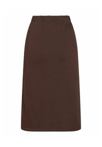 Jupe droite marron longueur genou avec taille élastique et petite fente latérale sur fond blanc.