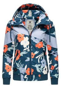 Blomstermønstret jakke i marineblå, med røde, hvide og lyseblå blomster. Designet med lynlås og justerbar hætte.
