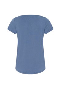 T-shirt bleu à manches courtes avec un col rond, fabriqué en tissu léger. Présente un ourlet courbé et une texture lisse.
