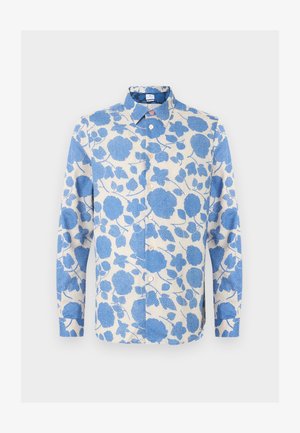 Long-sleeve button-up shirt with blue floral pattern on white background, featuring a classic collar and beige buttons down the front.