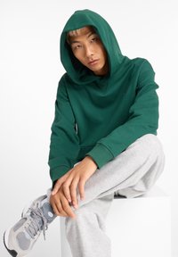 Felpa verde con cappuccio e vestibilità comoda, polsini a costine e tasca frontale, abbinata a pantaloni della tuta grigio chiaro e sneakers grigie.