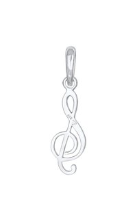 Silver treble clef-hänge med en polerad yta, med intrikata kurvor och en ögla för fäste. Märkt med "925" för sterlingsilver.