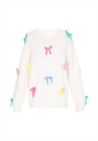 Weißer Strickpullover mit flauschigen Schleifen in Pink, Blau, Gelb und Grün, gleichmäßig über die Oberfläche verteilt, mit langen Ärmeln.