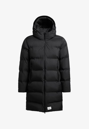 Black puffer coat with a hood, featuring a quilted design, front zipper closure, and a logo tag at the hem. Smooth fabric texture.