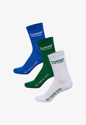 Three pairs of crew socks in blue, green, and white. Each features a ribbed design and the text "Hummel Sportswear" and "May These Souls."