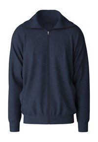 Marineblaue Zip-Jacke mit Stehkragen, gerippten Bündchen und Saum, strukturiertem Stoff und zwei seitlichen Taschen.