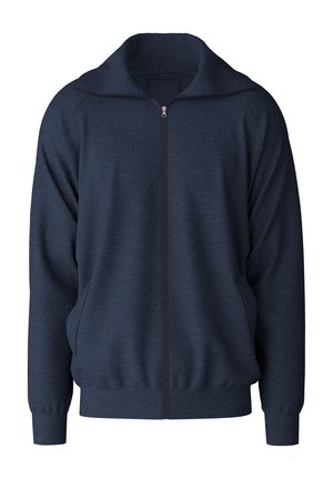 Navy blue zip-up jacket with a stand collar, ribbed cuffs and hem, textured fabric, and two side pockets.