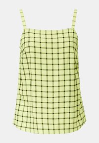 Gelb-grüne karierte Spaghettiträger-Camisole mit quadratischem Ausschnitt und leicht lockerer Passform. Das Muster besteht aus kontrastierenden dunklen Linien.