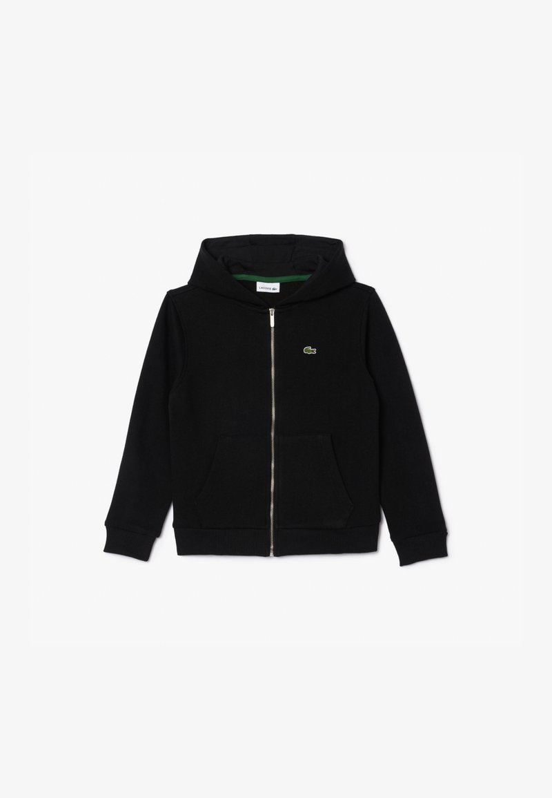 Zwarte hoodie met ritssluiting, gemaakt van een katoenmengsel; voorzien van een kangeroezak, aansluitende manchetten en een klein groen logo op de borst.