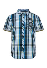 Camicia a maniche corte con bottoni, caratterizzata da un motivo a quadri blu e verde, in cotone, con logo ricamato sul petto.