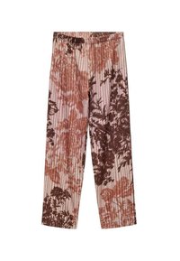 Pantalones plisados con un patrón floral, que presentan tonos de rosa y marrón. Tejido suave con una cintura elástica, diseñados para una ajuste relajado.