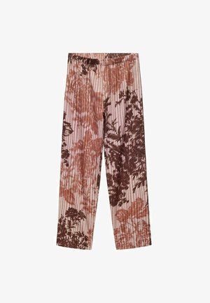 Plisované nohavice s kvetinovým vzorom v odtieňoch ružovej a hnedej. Mäkká tkanina s elastickým pásom, navrhnuté pre voľný strih.