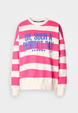Pink and white striped sweatshirt with a round neck, long sleeves, and blue text reading "OH, SUCH A PERFECT DAY." Soft cotton material.