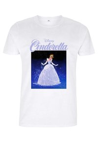 Bílá bavlněná tričko s grafikou Popelky v třpytivých šatech, s textem "Disney Popelka" nad tím na modrém pozadí.