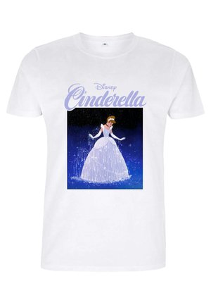 White cotton t-shirt featuring a graphic of Cinderella in a sparkly gown, with "Disney Cinderella" text above on a blue background.