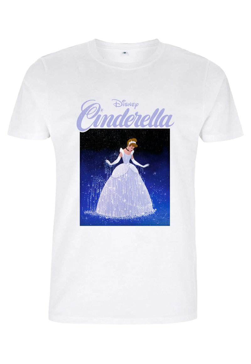 Bílá bavlněná tričko s grafikou Popelky v třpytivých šatech, s textem "Disney Popelka" nad tím na modrém pozadí.