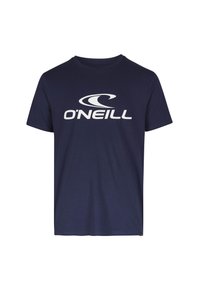 Marineblauw katoenen t-shirt met een groot wit O'Neill-logo op de voorkant. Klassieke ronde hals en korte mouwen. Glad textuur.