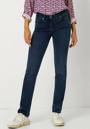Dunkelblaue, eng anliegende Jeans aus Denim, mit einem klassischen Fünf-Taschen-Design, dezenten Nähten und einer mittelhohen Taille.