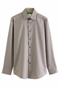 Cămașă cu mâneci lungi, tip blazer, dintr-un material texturat de culoare maro medie, cu nasturi vișinii, guler ascuțit și căptușeală a gulerului cu un model.
