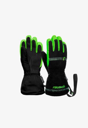 Mustat hanskat vihreillä yksityiskohdilla, joissa on teksturoitu muotoilu sormissa ja kiristysnauha varressa turvallisen istuvuuden takaamiseksi. Reusch-logo mukana.
