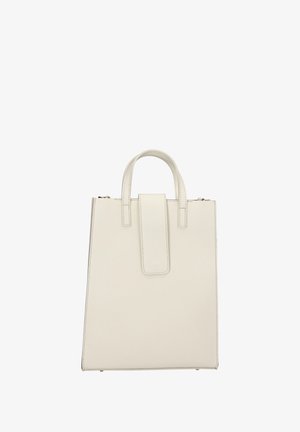 Sac fourre-tout en cuir blanc avec deux courtes poignées, de forme rectangulaire et d'une texture lisse. Présente un fermoir à rabat et des détails de couture minimalistes.
