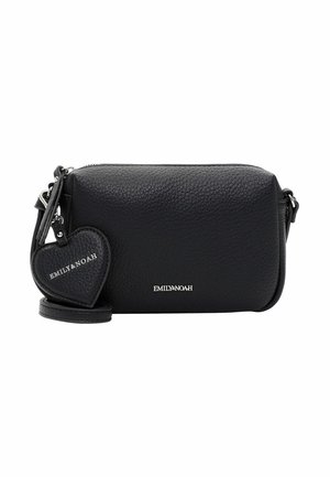 Black leather crossbody bag with a textured finish, featuring a detachable heart-shaped charm and silver hardware, embossed logo detail.