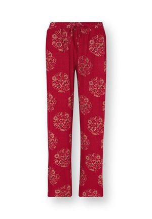 Rode pyjamabroek met beige bloemige cirkelpatronen en een verstelbare tailleband, afgebeeld op een witte achtergrond.