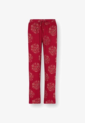 Rode pyjamabroek met beige bloemige cirkelpatronen en een verstelbare tailleband, afgebeeld op een witte achtergrond.