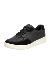 Schwarze Sneakers aus Leder und Wildleder, mit einem Low-Top-Design, runder Zehenpartie und dicker, weißer Gummisohle mit strukturierten Akzenten.