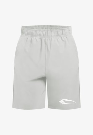 Lys grå træningsshorts med elastisk talje og to sidelommer; har et hvidt logo på nederste venstre side.