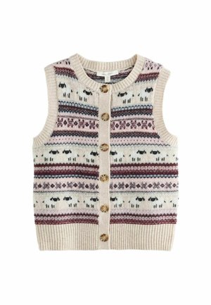 Ärmellose Strickweste mit Knopfleiste in Beige, Pink und Bordeaux mit Schaf- und geometrischem Streifenmuster.