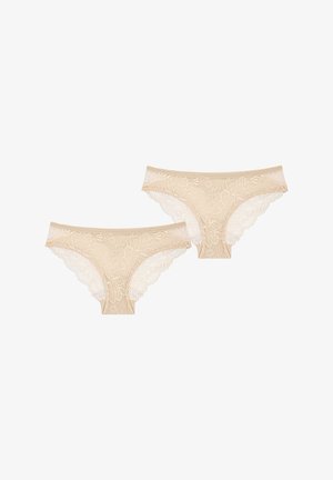 Beige kanten slipjes met bloemmotieven, voorzien van een gladde tailleband en zachte witte kant langs de randen. Verpakking van twee.