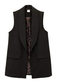 Chaleco negro sin mangas con cuello con muesca, que cuenta con dos bolsillos delanteros y un forro de estampado de leopardo. Hecho de tela suave.