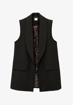 Zwarte mouwloze vest met een reverskraag, voorzien van twee voorzakken en een voering met luipaardprint. Gemaakt van gladde stof.