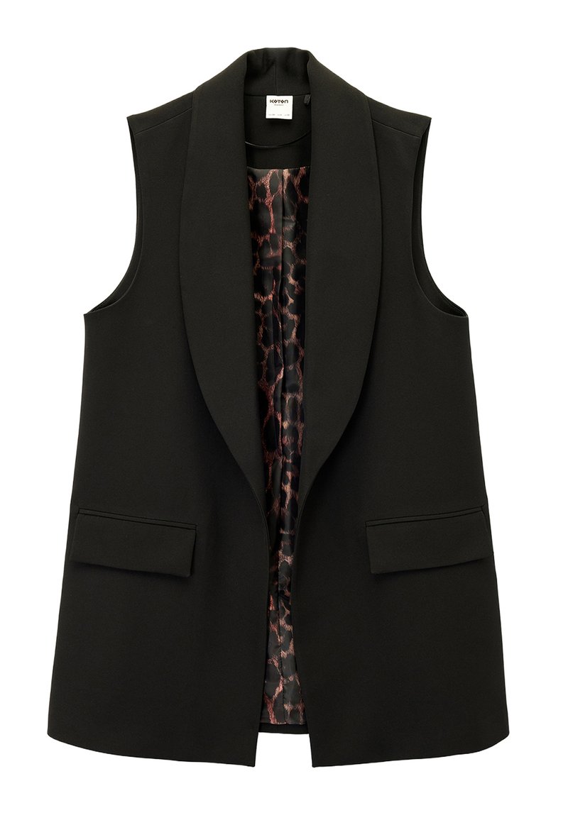Chaleco negro sin mangas con cuello con muesca, que cuenta con dos bolsillos delanteros y un forro de estampado de leopardo. Hecho de tela suave.