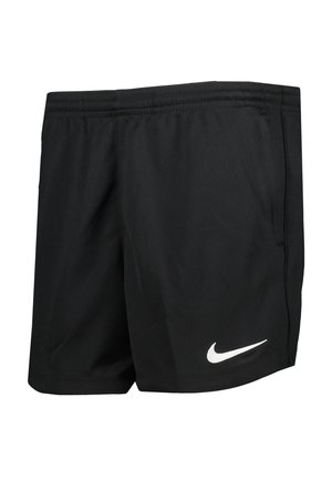 Black athletic shorts made of lightweight fabric, featuring an elastic waistband and a white Nike logo on the lower left side.