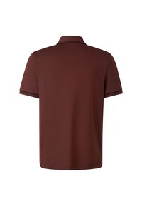 Hnědá polo košile s klasickým límcem, krátkými rukávy a námořnickými akcenty na okrajích rukávů. Hladká textura, jednoduchý design a jednobarevné provedení.