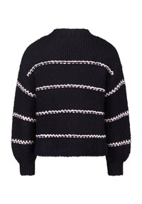 Pull en maille bleu marine avec rayures horizontales blanches. Col rond, poignets et ourlet côtelés. Tissu texturé avec une coupe ample et courte.